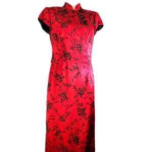 En Francais Red & Black Vintage Beaded Dress Sz 10 Mandarin Collar Side Slit
